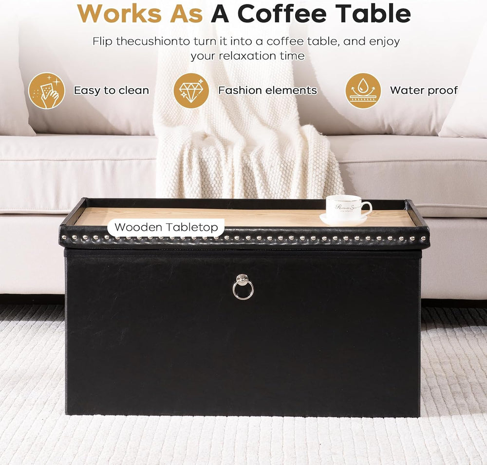 oakvivo Folding Storage Ottoman Bench 30in, Leather Foot Rest Stools Ottoman ...