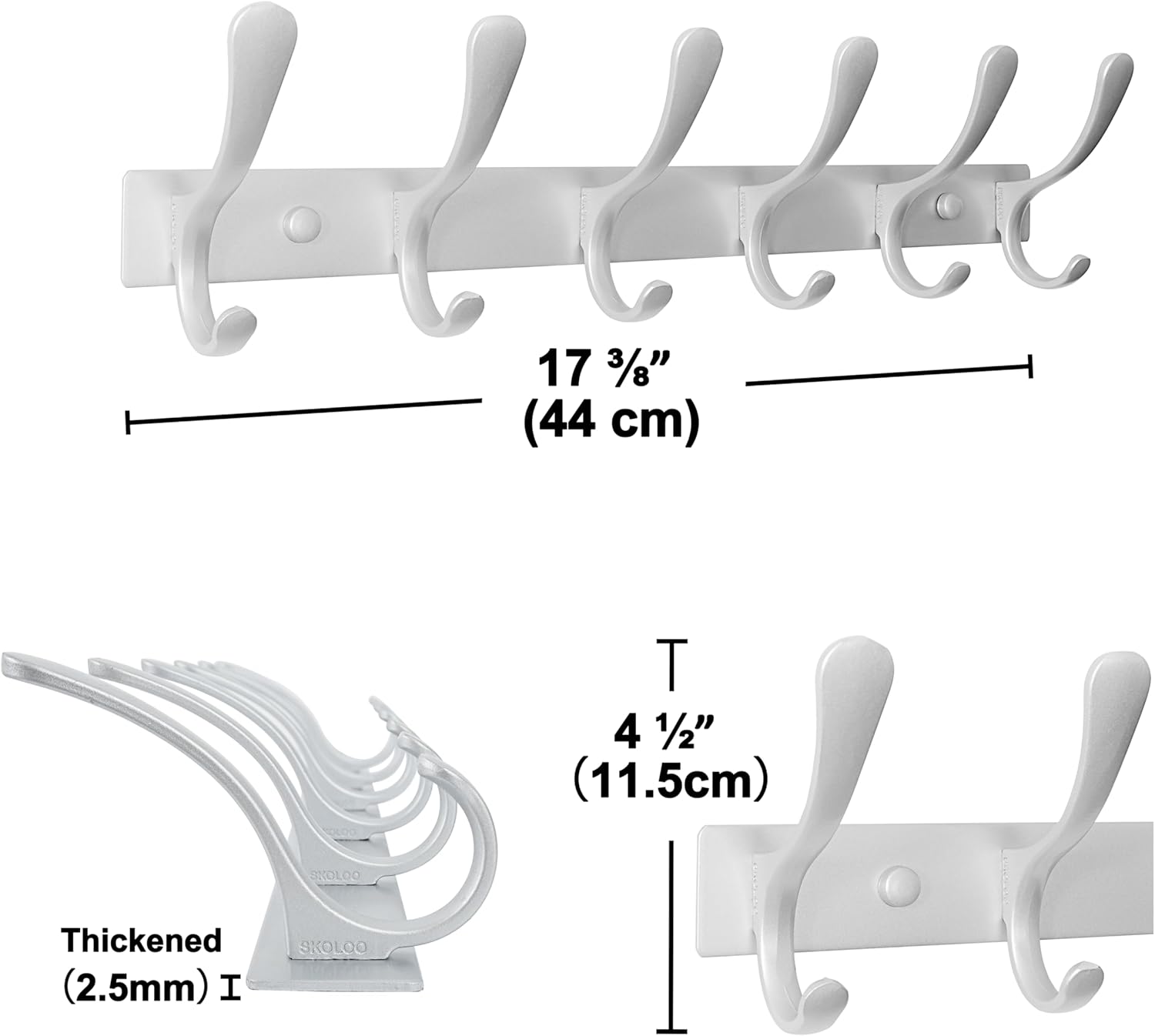 SKOLOO Coat Rack Wall Mounted - 6 Hooks, Heavy Duty, Stainless Steel, Metal Wall Hangers, Sturdy Coat Hooks for Hanging Coats, Jacket, Clothes, Hat, Cold Light Silver
