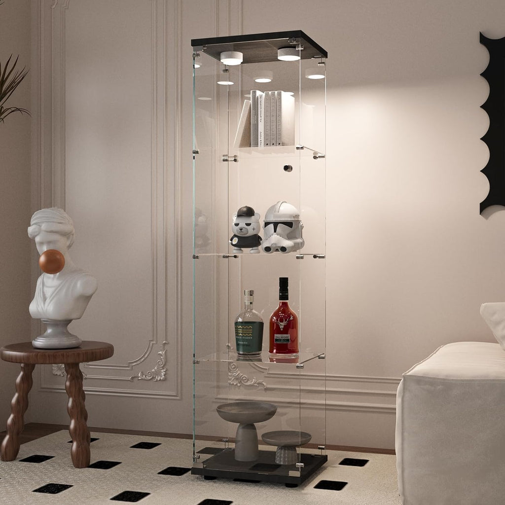 Beauty4U Glass Display Cabinet with Light, 4 Shelves, Curio Cabinets for Living Room, Bedroom, Office, Black Floor Standing Glass Bookshelf, Quick Installation