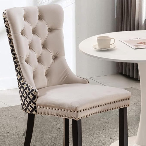 3-Pieces 31.5" Round Dining Table Set for 2, White Dining Table & Velvet Upholstered Dining Chairs Set of 2 for Kitchen Dining Room Apartment Small Space(Quadrangular Star&Beige Chairs)