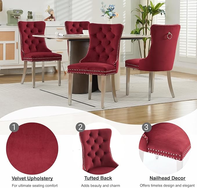 Mid Century Modern Dining Chairs Set of 4, Velvet Upholstered Kitchen & Dining Room Chairs with Nailhead Trim & Brushed Silver Metal Legs, Tufted Kitchen Chairs, Elegant Sillas De Comedor (Red, 4 Pcs)