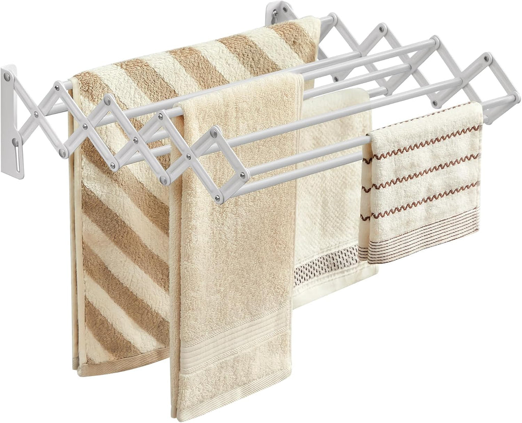SONGMICS Clothes Drying Rack, Wall-Mounted Drying Rack Clothing, Small Accordion Laundry Rack, 9 Staggered Hanging Rods, Expandable and Retractable, Cloud White ULLR802W01