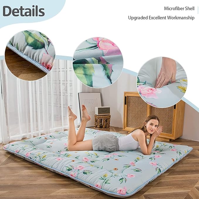 MAXYOYO Japanese Floor Mattress Futon Mattress, 4" Thicken Tatami Mat Sleeping Pad Foldable Roll Up Mat Boys Girls Dormitory Pad Kids Floor Lounger Pillow Bed, Charcoal Grey, Queen Size