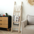 Blanket Ladder, 57in Rustic Solid Wood Decorative Ladder, Natural | Farmhouse living room accent, Layered blanket towel quilt display, Visible wood grain, Bathroom and Bedroom use