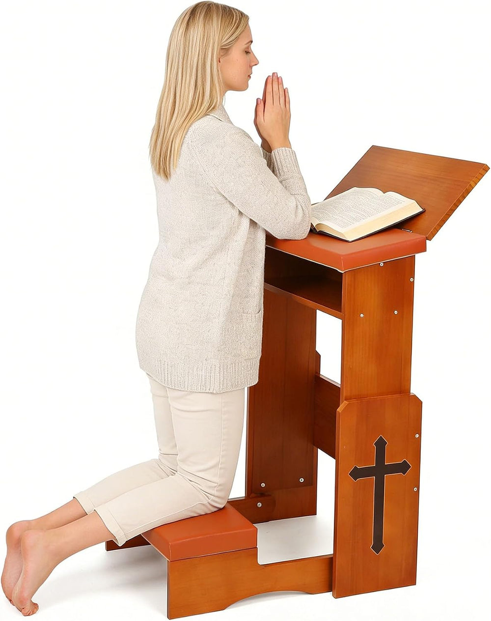 Prayer Kneeler Bench with Book Rest, Adjustable Height Foldable Kneeling Benc...