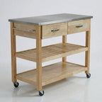 42" W Solid Wood Kitchen Island, Stainless Steel Top | 250 lbs capacity, lockable wheels, 2 utility drawers, wine rack, prep table for small spaces
