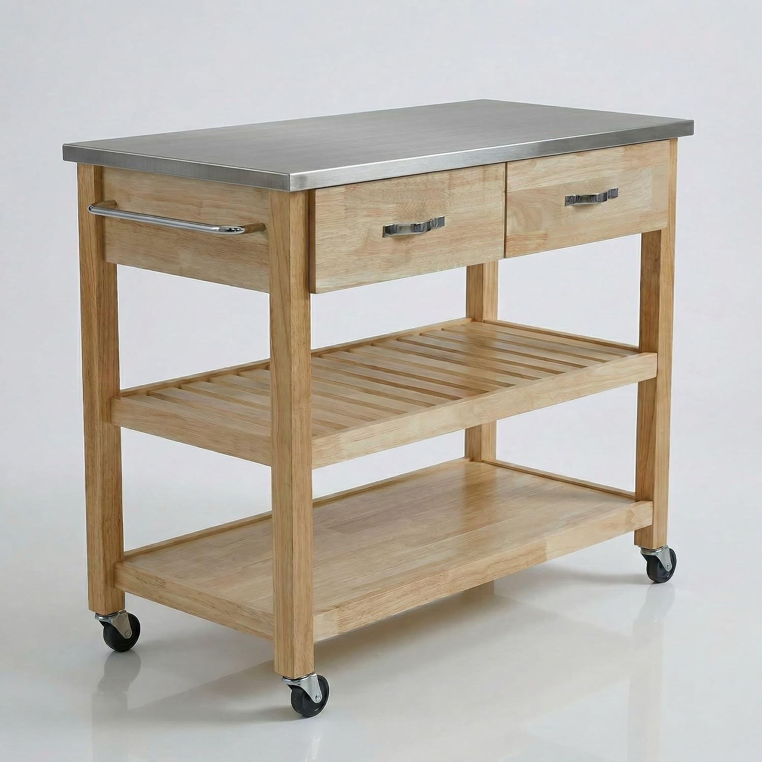 42" W Solid Wood Kitchen Island, Stainless Steel Top | 250 lbs capacity, lockable wheels, 2 utility drawers, wine rack, prep table for small spaces