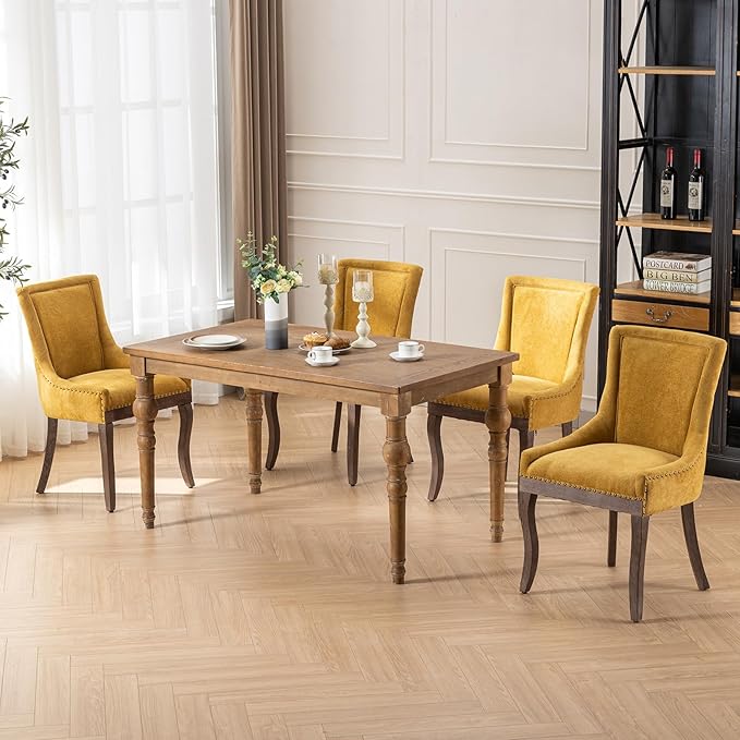 Gold Dining Chairs Set of 8, Kitchen & Dining Room Chairs, Fabric Upholstered Dinning Chairs, Sillas De Comedor, Nailhead Trim, Wood Legs (Yellow, 8 Pcs)