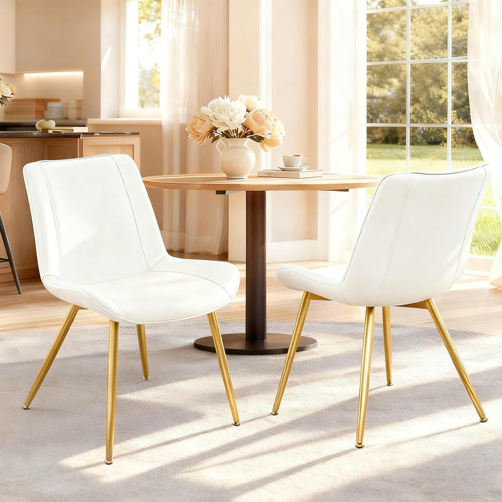 Dining Chairs Set of 2 PU Leather Armless Pearl White, Gold Legs | Fits Dinin...