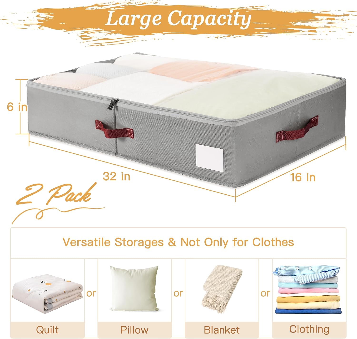 Under Bed Storage Bins with Clear PVC Lids – 2 Pack Large Underbed Organizers with Heavy-Duty Handles, Reinforced with 800G PP Panels & 80G Non-Woven Fabric – Waterproof & Foldable, Gery