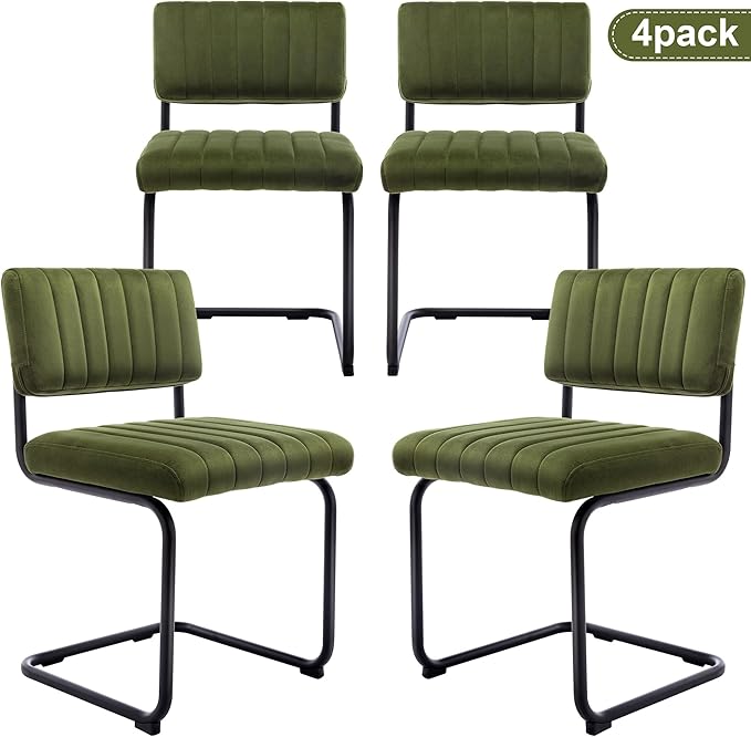 ONEVOG Mid Century Modern Dining Chairs Set of 4, Green Velvet Kitchen Chairs with Tufted Backs, Upholstered Wide Seat, Armless Cantilevered Chairs with Metal Legs for Kitchen Living Room