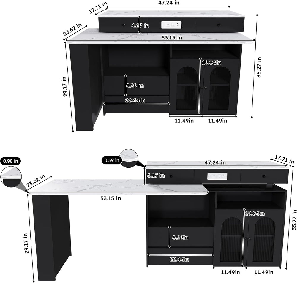 Flieks Kitchen Island with Extendable & Rotating Table, MDF with Marble V...