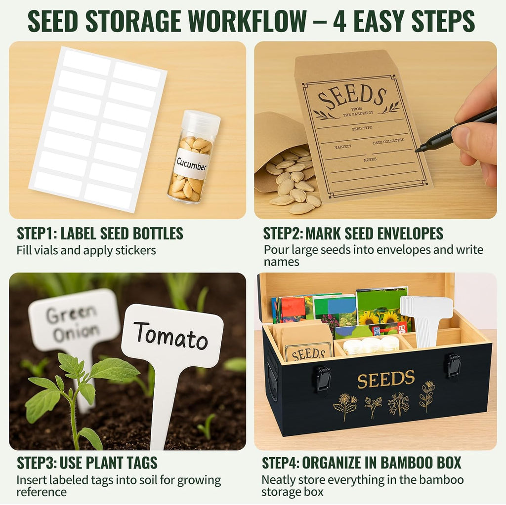 Large Bamboo Wood Seed Storage Organizer Box with Lid, Double-Layer Seal Design Seed Saving Box with Premium Coated Safety Lock, Handles, Extra Seed Envelopes and Labels, Great Gifts for Gardener
