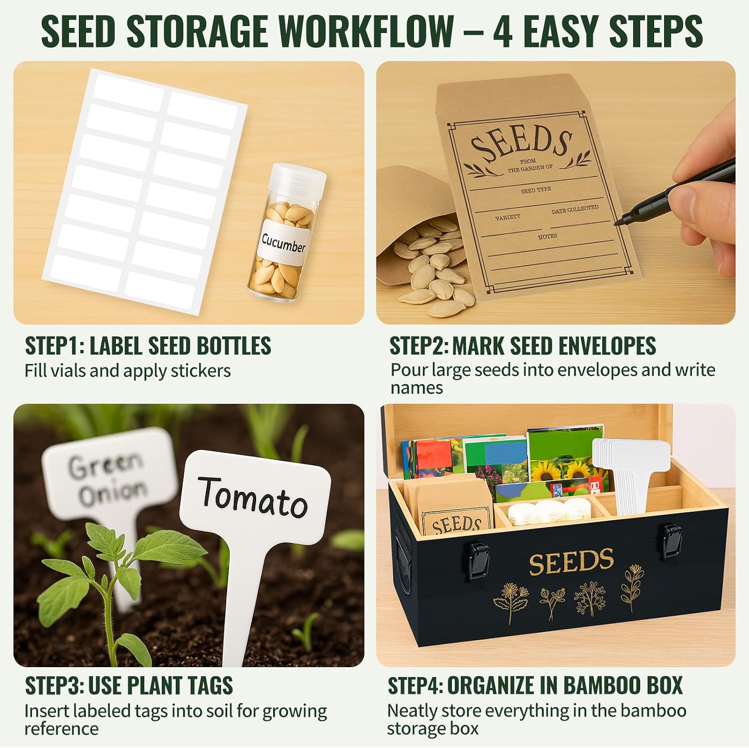 Large Bamboo Wood Seed Storage Organizer Box with Lid, Double-Layer Seal Design Seed Saving Box with Premium Coated Safety Lock, Handles, Extra Seed Envelopes and Labels, Great Gifts for Gardener