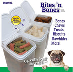 Buddeez Pet Treat Container for Dogs and Cats - 3.5 Quart Flip Top Storage Bin - Bites And Bones Design - Airtight Food Holder