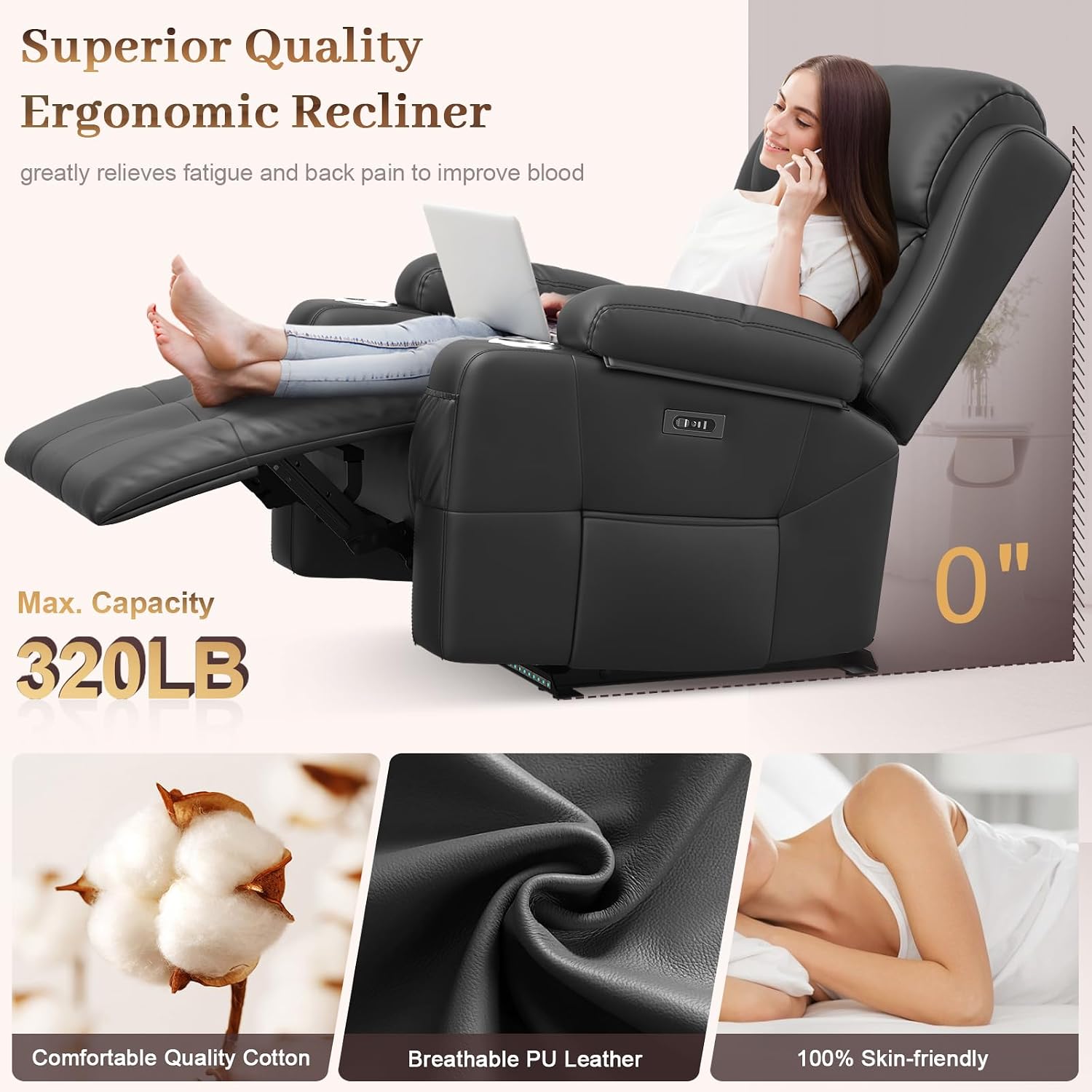 Power Recliner Chair with Heat and Back Massage, Electric Power Oversized Reclining Chair Infinite Position with Storage Armrests & 2 Cup Holders for Living Room, Brown