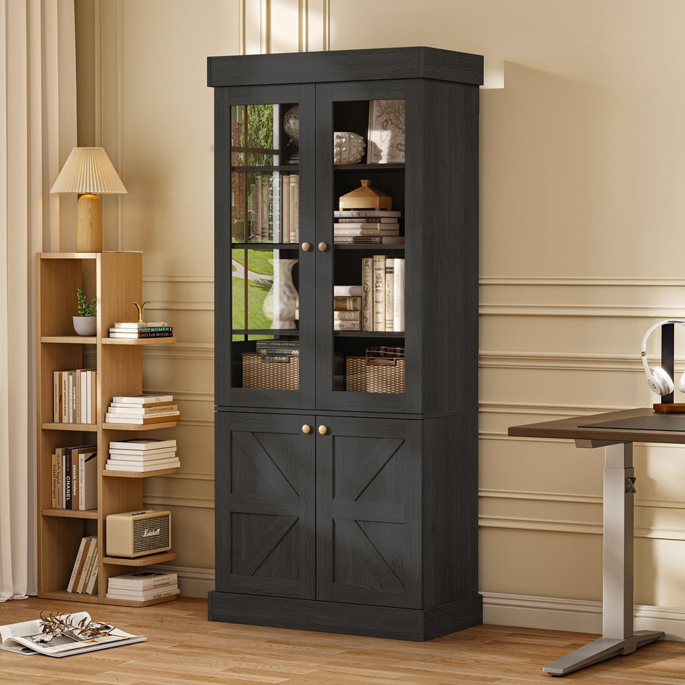 71" Tall Farmhouse Bookshelves with Glass Doors, Rustic Large Bookcase w...