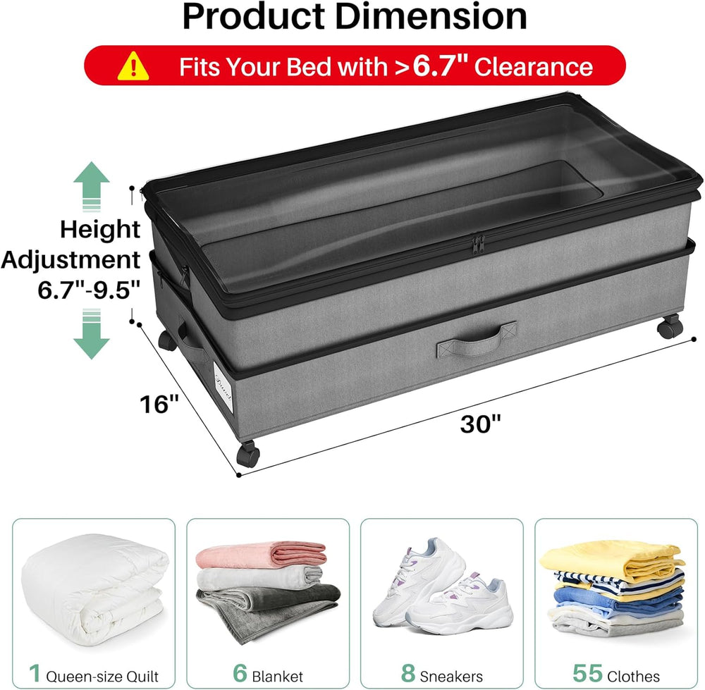 Kitstorack Under Bed Storage with Wheels 2Pack Height-adjustable Under Bed St...