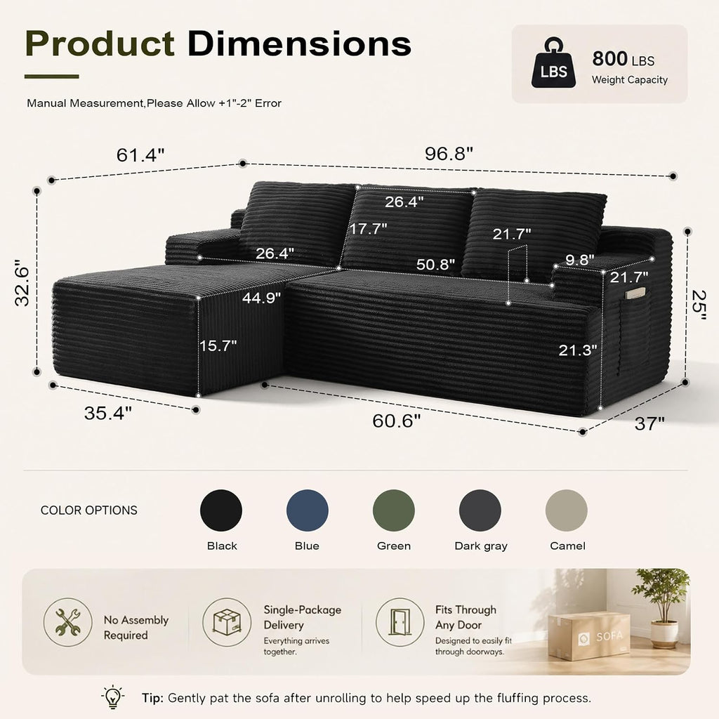 Boneless Couches for Living Room Sectional Cloud Couch Deep Seat Chaise