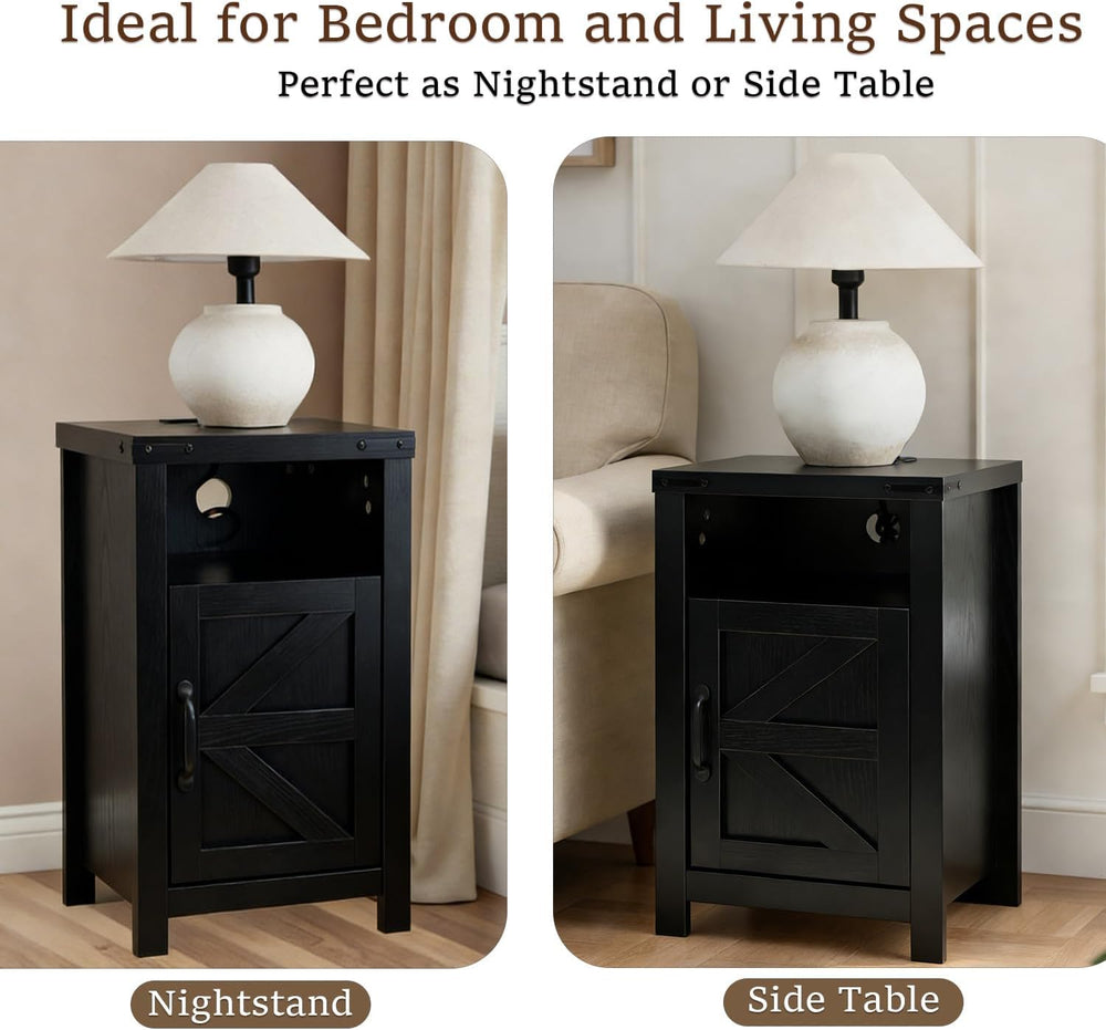 Farmhouse Nightstand Set of 2 with Charging Station, Modern Bedside Table wit...