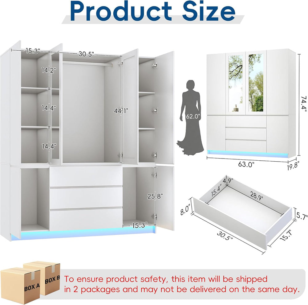 75" Tall Modern Wardrobe Closet with 2 Mirrors,LED Lights, 63"W Arm...