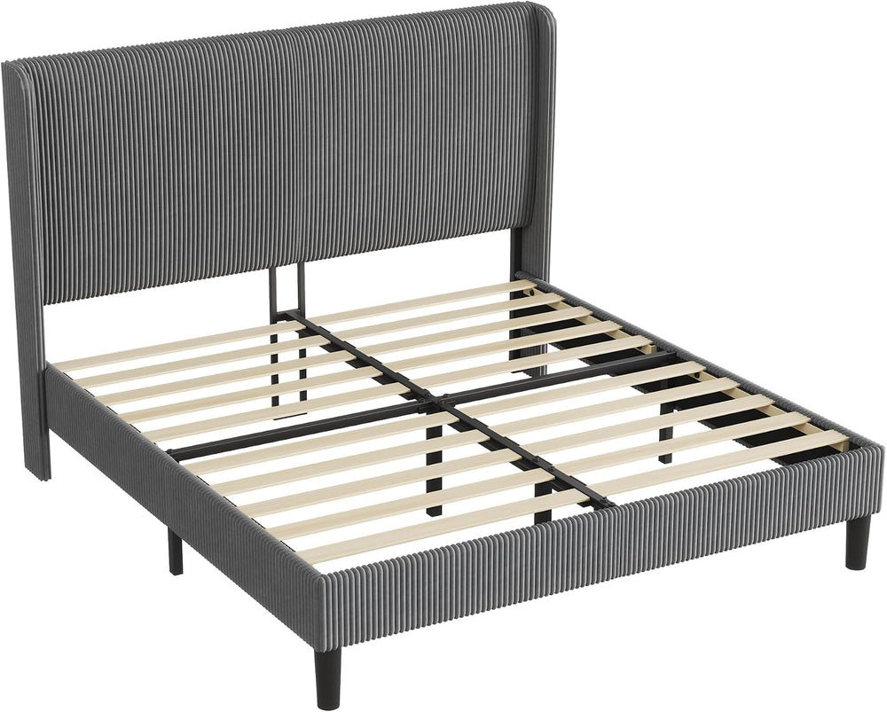 King Bed Frame, Upholstered Platform Bed with Corduroy Headboard, Grey