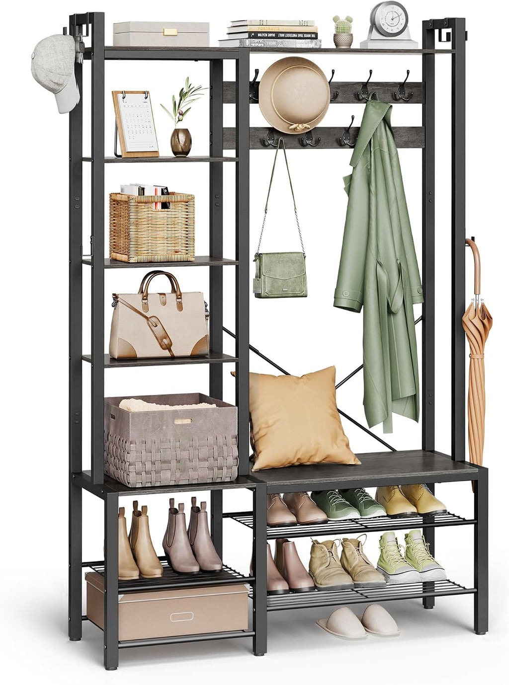 VASAGLE Hall Tree with Bench and Shoe Storage, Entryway Coat Rack with Shoe Bench, 5 Storage Shelves, 9 Coat Hooks, 6 Side Hooks, 15.7 x 47.2 x 74.8 Inches, Stone Gray and Ink Black UHSR426B04