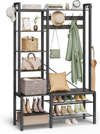 VASAGLE Hall Tree with Bench and Shoe Storage, Entryway Coat Rack with Shoe Bench, 5 Storage Shelves, 9 Coat Hooks, 6 Side Hooks, 15.7 x 47.2 x 74.8 Inches, Stone Gray and Ink Black UHSR426B04