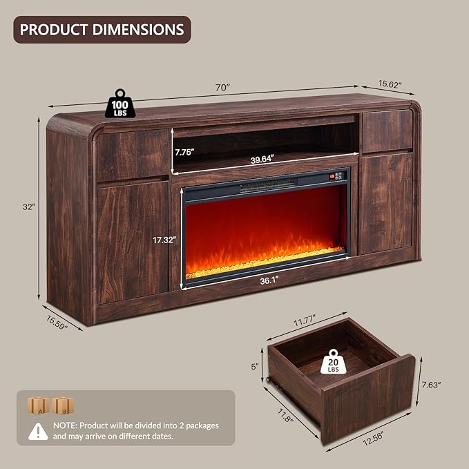 Modern Fireplace TV Stand with 36" LED Electric Fireplace for 80 inch TVs, 32" Tall Entertainment Center w/Drawers &Adjustable Shelves, Wood Media Console w/Curved Profile Design for Living Room,Brown