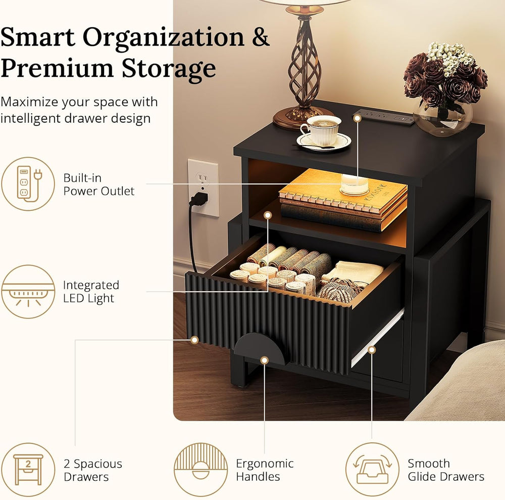 LGHM Set of 2 Fluted Nightstand with Charger Station Strip Lights, 20.47&quot...