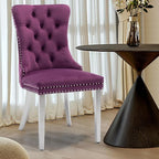 Velvet Upholstered Dining Chairs Set of 4, Modern Kitchen Side Chairs with Nailhead Trim and Silver Plated Leg, Metal Pulling Ring for Dining Room Living Room(Purple-Silver Plated Leg)
