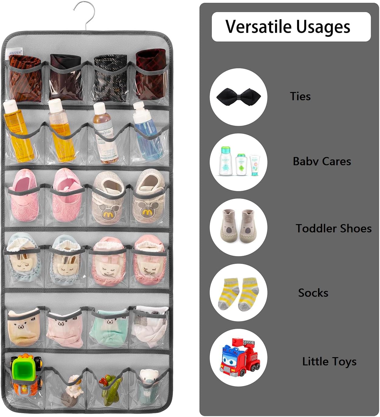 Dual-sided Hanging Baby Shoes Organizer Closet Toddler Shoe Storage Holder for Kids Bow Socks Underwear (GREY)