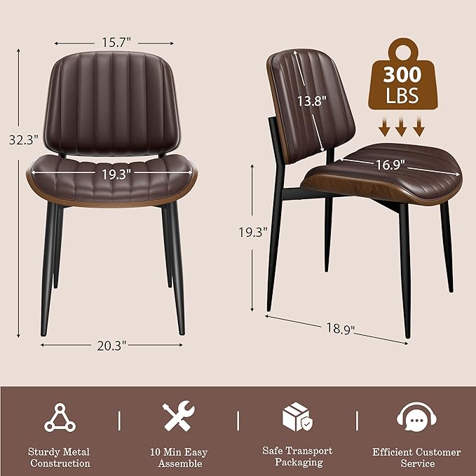 Dining Chairs Set of 4, Mid-Century Modern Upholstered PU Leather Chairs with Walnut Bentwood Back and Metal Legs Adjustable Feet for Kitchen Dining Living Room, Dark Brown Vertical Stripes