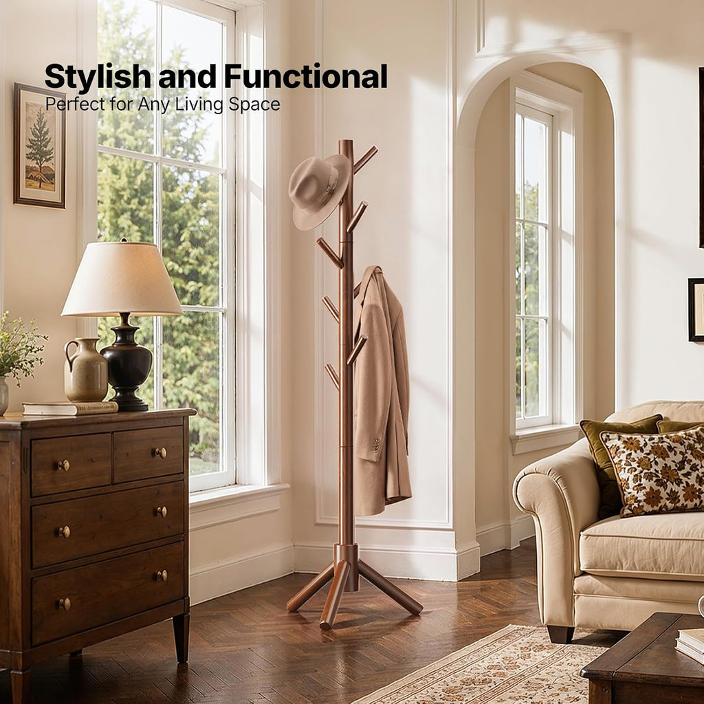 AMADA Solid Wooden Coat Rack Freestanding with 8 Hooks, Walnut | 100% solid wood, 3 height options, widened base for stability, tool-free assembly, smooth rods & hooks prevent clothing snags