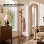 AMADA Solid Wooden Coat Rack Freestanding with 8 Hooks, Walnut | 100% solid wood, 3 height options, widened base for stability, tool-free assembly, smooth rods & hooks prevent clothing snags