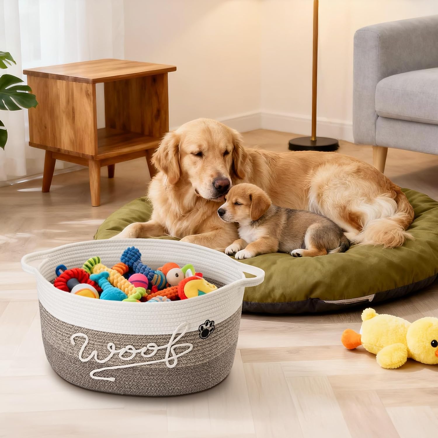 30L Woof Dog Toy Basket with Handles, Large Dog Toy Storage Bin with Paw Print, Woven Dog Basket for Blankets, Toys, Chews, Pet Toy Box for Nursery, Living Room, Bedroom, 17”x12”x9, Brown