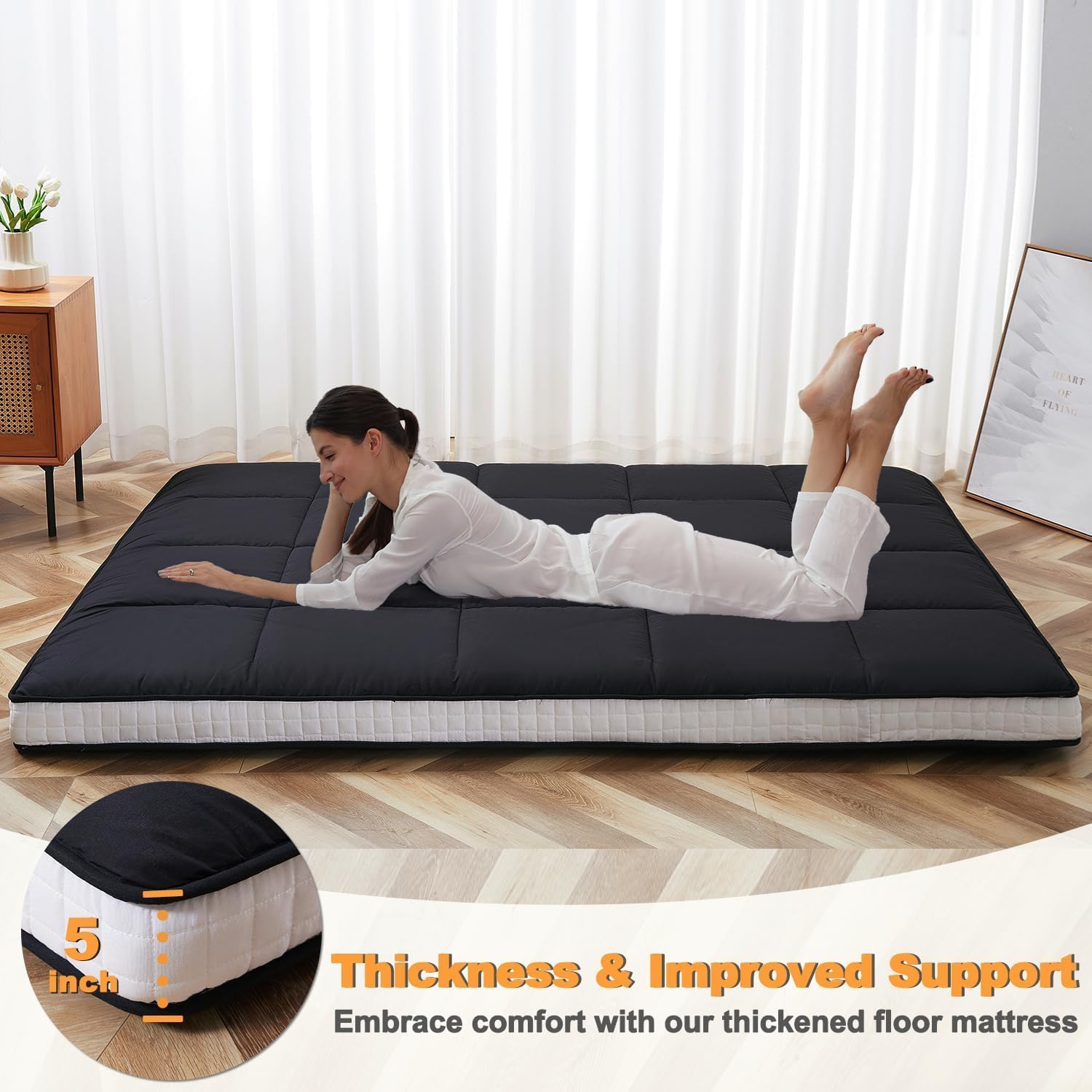 Full Size Futon Mattress - Fleece Foldable Japanese Floor Mattress - Super Soft Fuzzy Sleeping Pad for Adults - Tatami Mat Suitable for Camping & Guest & RV Mattress- Black (Full:80"L x 54"W x 4"Th)