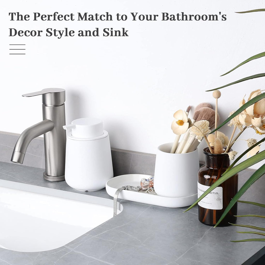BosilunLife Bathroom Accessories Set 3 pcs - Bathroom Ceramic Foaming Soap Dispenser Set Farmhouse White Bathroom Decor, Foam Soap Dispenser and Toothbrush Holder/Tumbler Cup, Tray