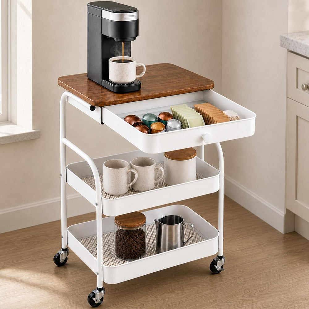 3 Tier Rolling Cart with Hidden Drawer and Wood Top, Small Space Storage Cart...