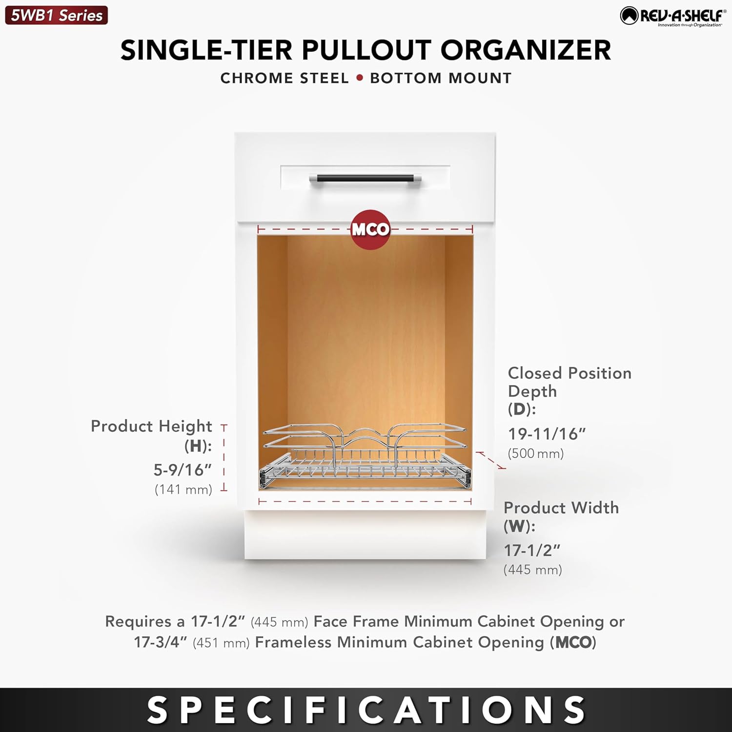 Rev-A-Shelf Kitchen Cabinet Pullout Shelf and Drawer Organizer Slide Out Pantry Storage Basket in Multiple Sizes, 18 x 20 In, 5WB1-1820CR-1