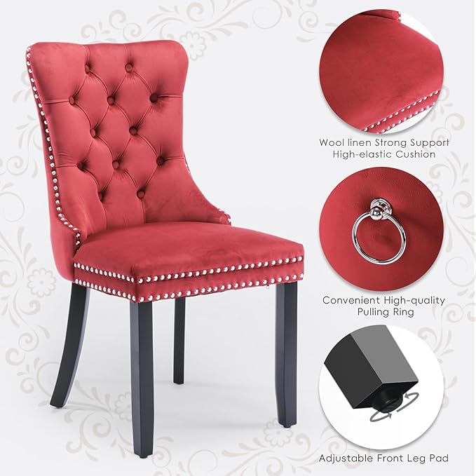 Velvet Upholstered Dining Chairs Set of 4, Modern Style Kitchen Side Chairs with Nailhead Trim and Wood Legs,Metal Pulling Ring for Dining Room Living Room(Wine Red,Set of 4)