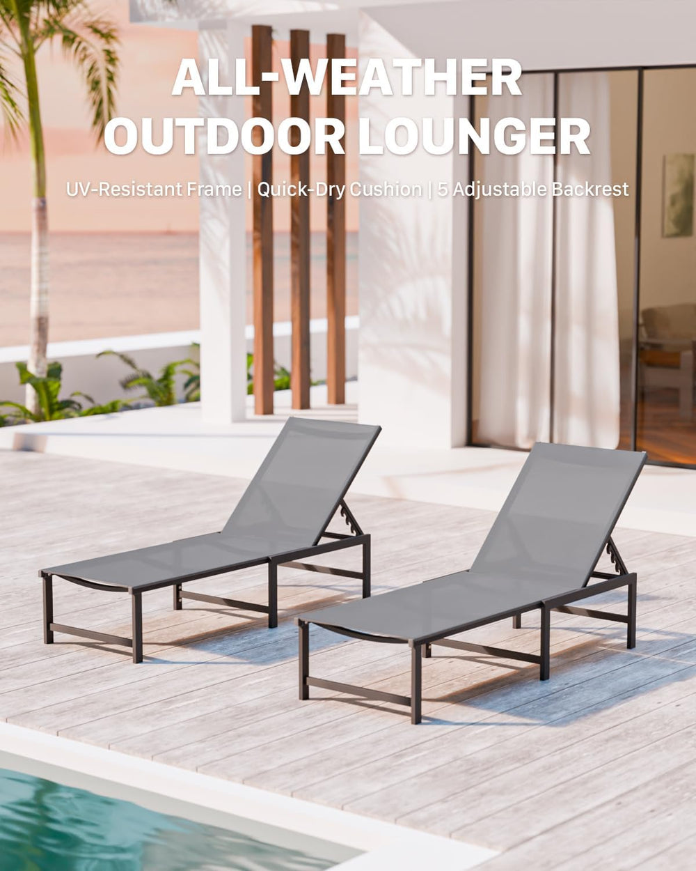 Aluminum Patio Chaise Lounge Chair Outdoor, Grey | Textilene Fabric,Weather-R...