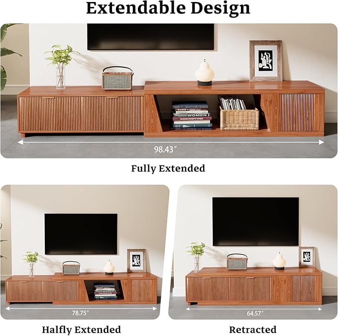 98 Inch TV Stands for Living Room, Wooden Extra Long TV Stand with Adjustable Shelf and Drawers, Flutted Extendable TV Console with Storage Cabinet, Warm Brown Oak (64.57" W-98.43" W)