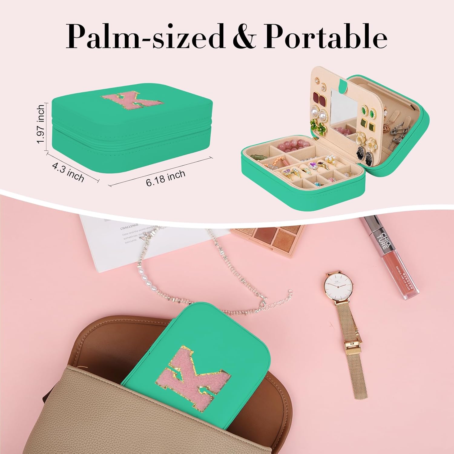 TopPerfekt Travel Jewelry Case, Jewelry Box with Mirror, Jewelry Organizer Bridal Shower Gifts to Her, Earring Storage Travel Case, Trendy Gift for Women and Girls, Girlfriend-Letter K, Green