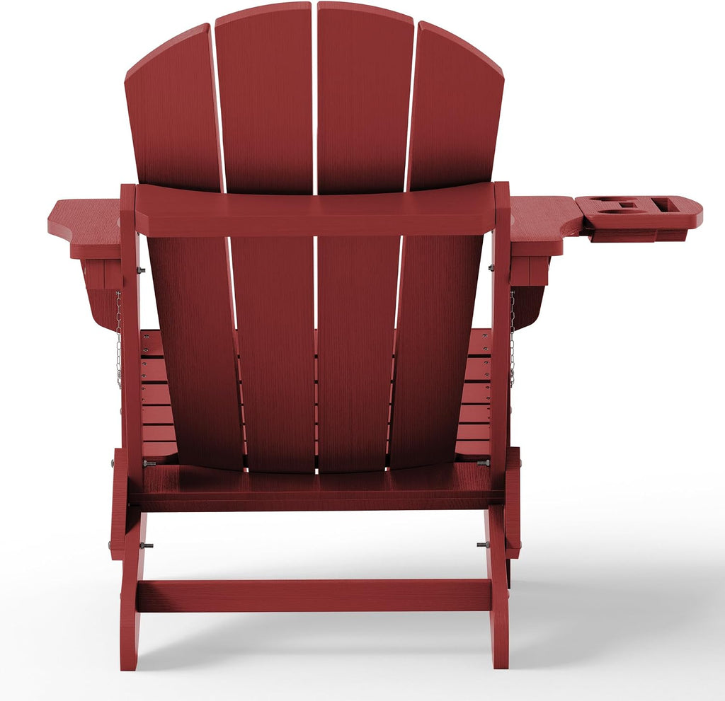 SERWALL Folding Adirondack Chair, 4 in 1 Cup Holder Wood Texture - Red | Outdoor Adirondack Chairs, Plastic Fire Pit Chair with Wood Texture, 4 in 1 Tray, Lawn Chair, Backyard Patio Seating