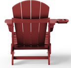 SERWALL Folding Adirondack Chair, 4 in 1 Cup Holder Wood Texture - Red | Outdoor Adirondack Chairs, Plastic Fire Pit Chair with Wood Texture, 4 in 1 Tray, Lawn Chair, Backyard Patio Seating