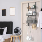 YBING Over The Door Organizer with Hooks 3 Tier Back Towel Hanger Baskets Metal Behind Hanging Storage Shelf Pantry Racks for Bedroom Bathroom Black, R01-R984