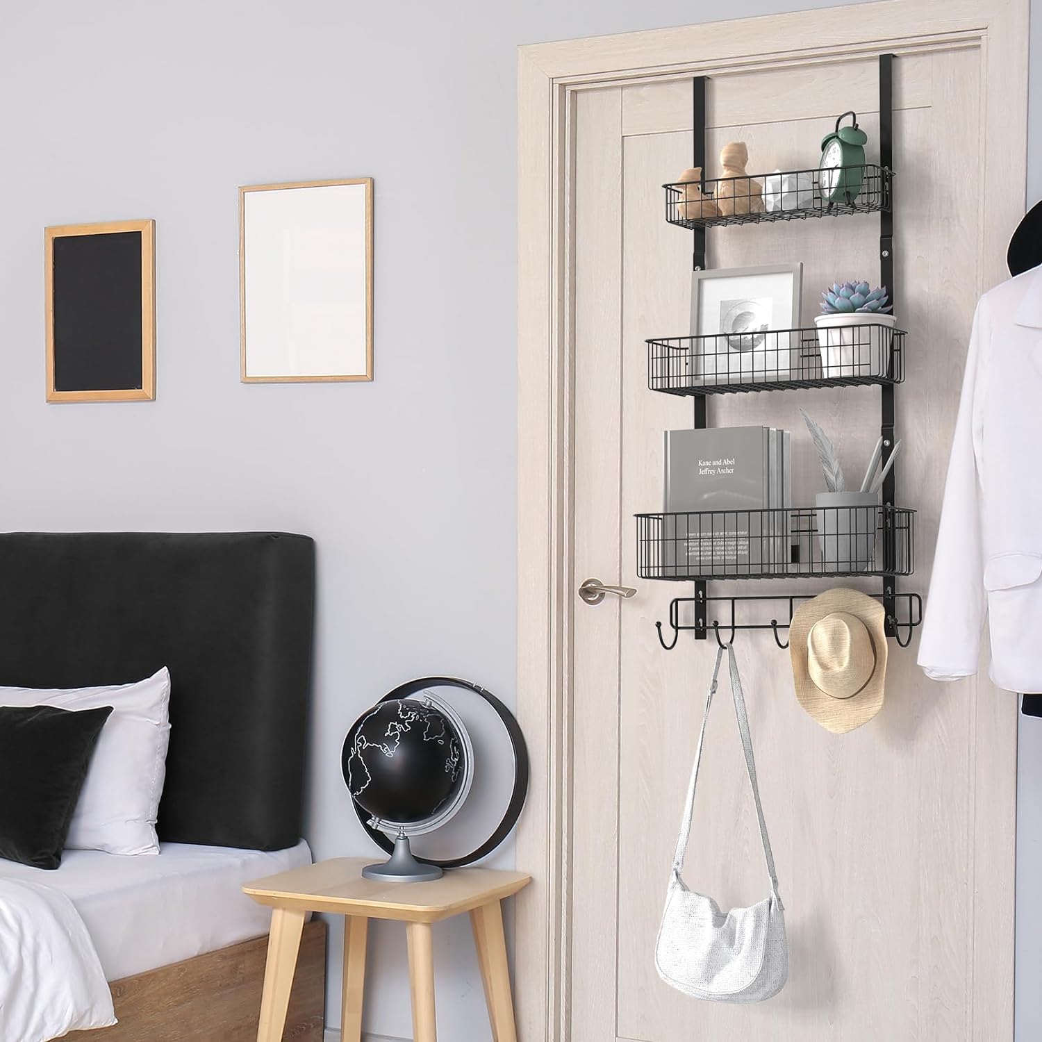 YBING Over The Door Organizer with Hooks 3 Tier Back Towel Hanger Baskets Metal Behind Hanging Storage Shelf Pantry Racks for Bedroom Bathroom Black, R01-R984