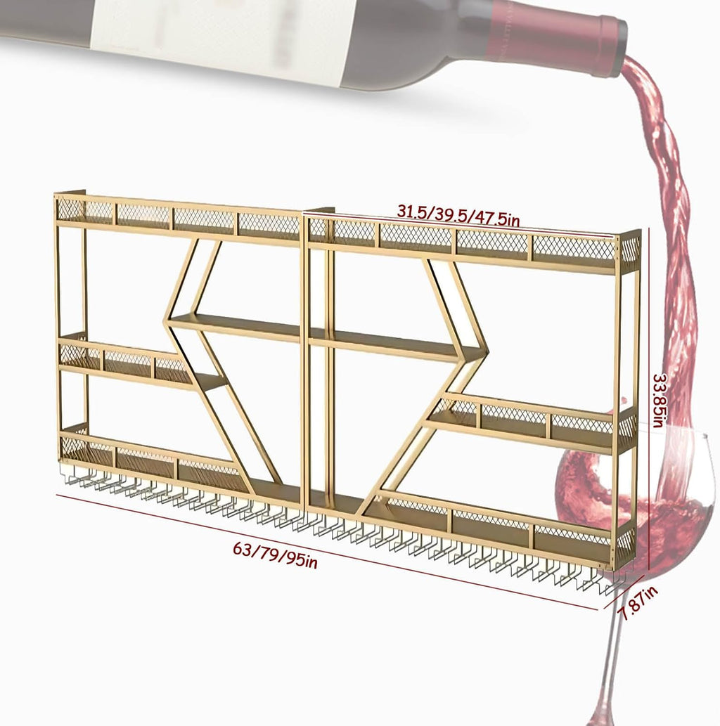 79in Large Wall Mounted Wine Rack 3 Tier Metal Wine Bottle Holder Modern Diamond Design Floating Bar Liquor Bottles Storage Rack for Home Restaurant Bar Decorative (Gold, 3 Tier - 79in)