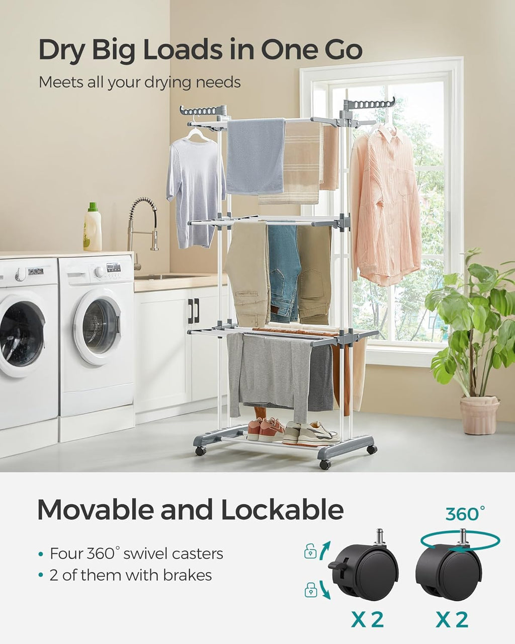 SONGMICS Clothes Drying Rack Stand 4-Tier, Foldable Laundry Drying Rack 68.1-Inch Tall, Steel, Rolling Clothes Horses Dryer Rack, Easy to Assemble, Indoor Outdoor Use, White ULLR701W01
